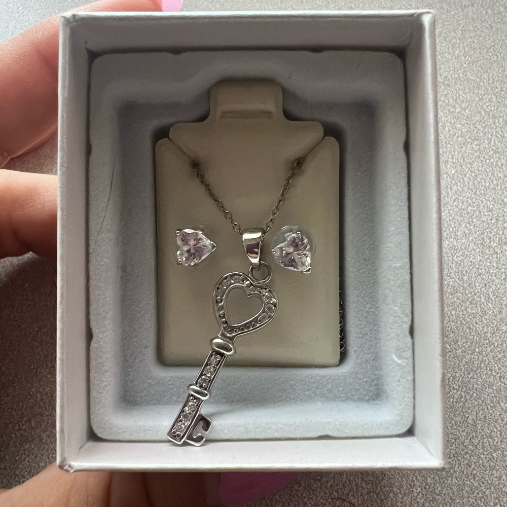 Silver Key Pendant Necklace with Stud Earrings Set